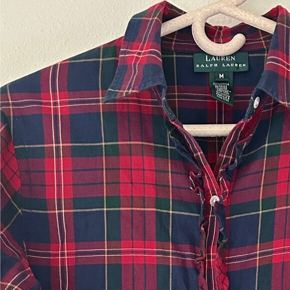 Lauren Ralph Lauren plaid button up ruffle front cotton academia preppy fall M - Picture 4 of 13